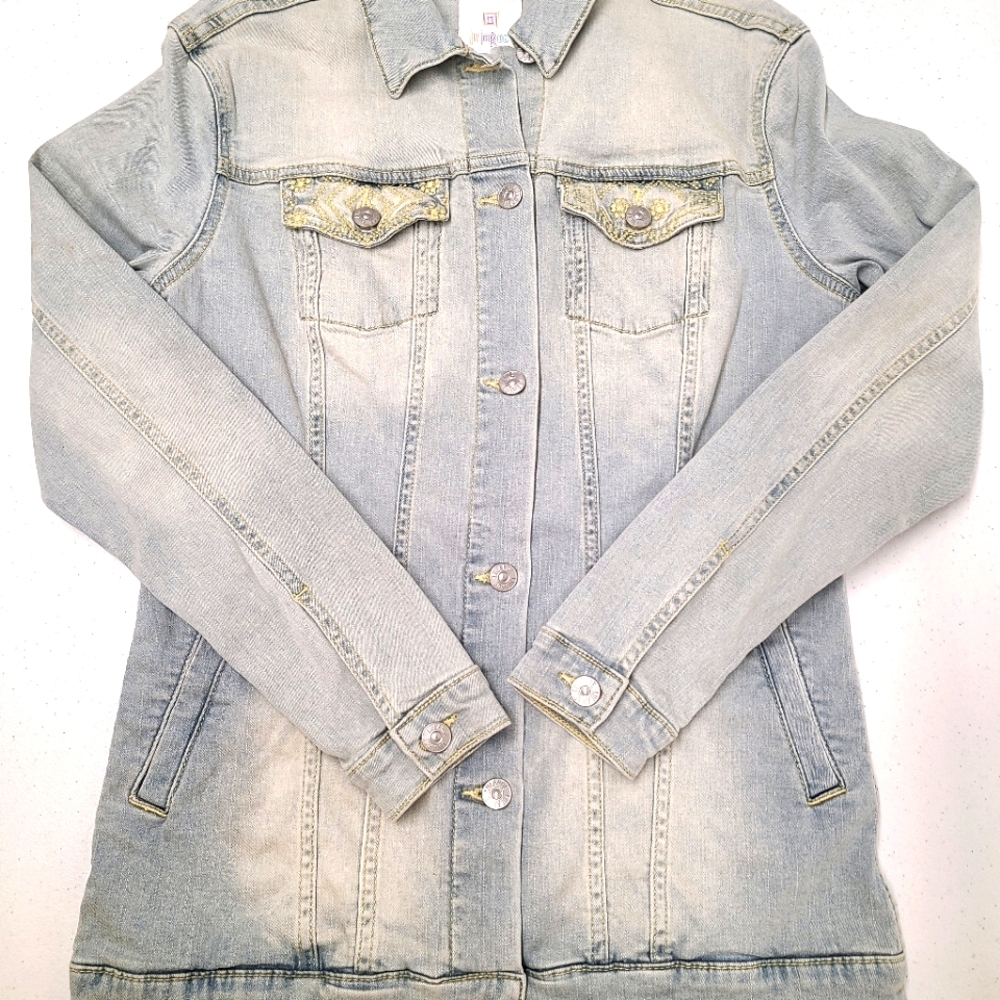 NWT * LuLaRoe Jaxon Denim Jacket size Small with Yellow embroidery